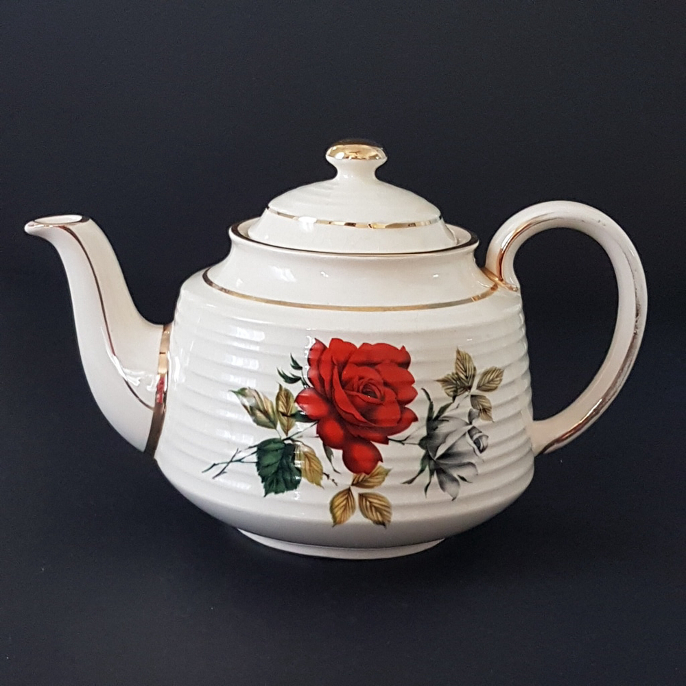 Vintage Sadler Teapot: Gray Red Rose Floral, 5 Cups, Made in England
